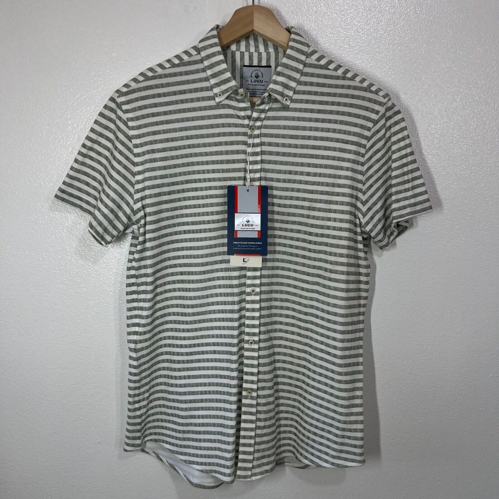 LUGU‎ Polo Cotton Pique LS Oxford Shirt Mens Large Green White Stripe Portugal